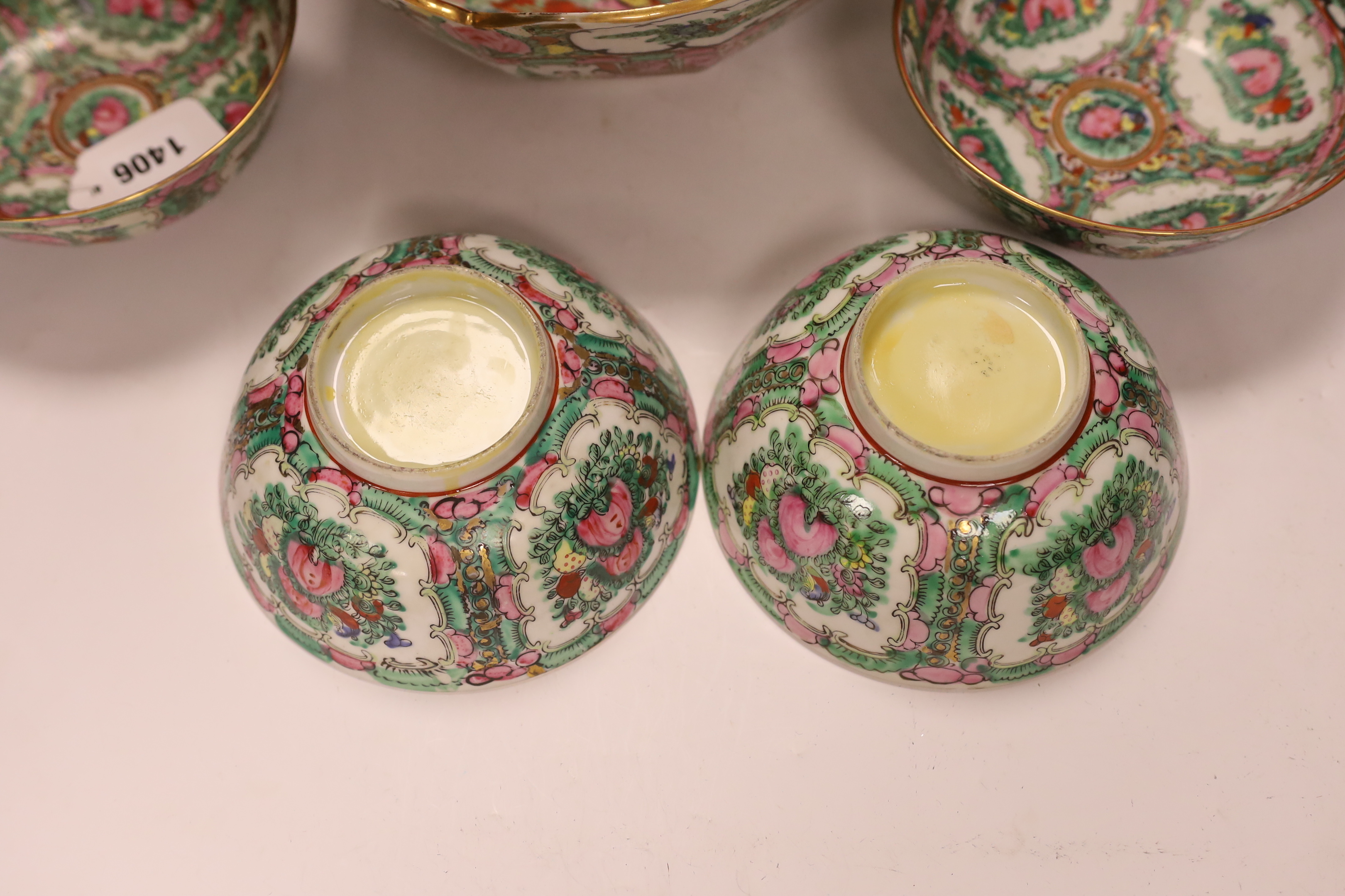 A Chinese famille rose large serving bowl and four smaller bowls, larger bowl 25cm diameter